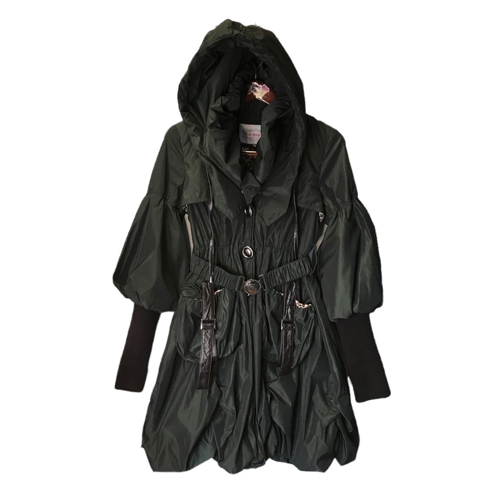 PINK MARTINI Abi Coat green metallic knit sleeves removable hood ruffle coat